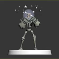 Robot Character With Blue Glowing Head Floating Stars And Musical Notes On White Circular Base