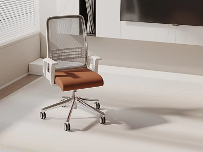 Modern Office Chair with Mesh Back Brown Seat Cushion and Silver Metal Base on Wheels 3d model