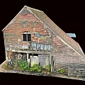Dilapidated Red Brick Barn With Damaged Roof Broken Windows And Overgrown Weeds