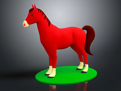 Red Plastic Horse Toy Standing On Green Circular Base Against Gray Background 3d model