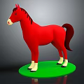 Red Plastic Horse Toy Standing On Green Circular Base Against Gray Background