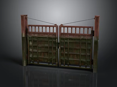 Vintage Wooden Double Doors Featuring Lattice Structure And Red Green Hues 3d model