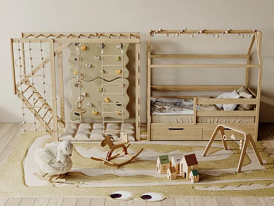 Wooden Kids Loft Bed With Drawers Climbing Frame Rope Ladder And Rocking Horse 3d model