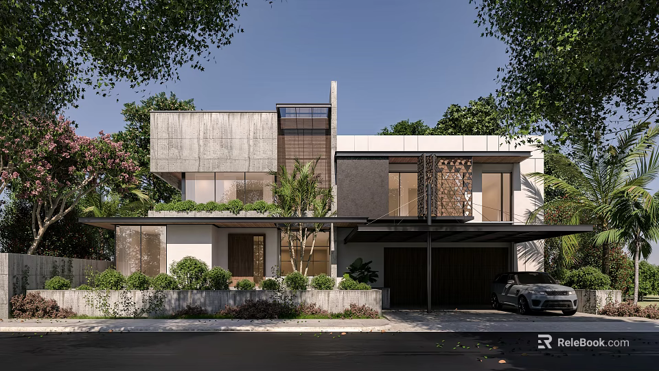 Modern Detached Villa Exterior With Glass Windows Greenery Garage And Trees 3d model 