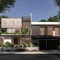 Modern Detached Villa Exterior With Glass Windows Greenery Garage And Trees