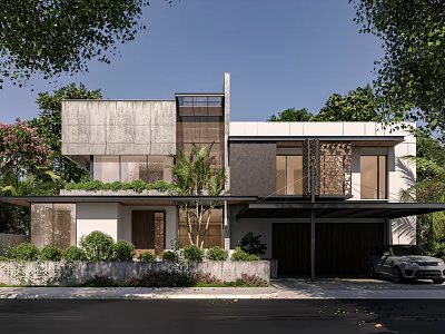 Modern Detached Villa Exterior With Glass Windows Greenery Garage And Trees 3d model