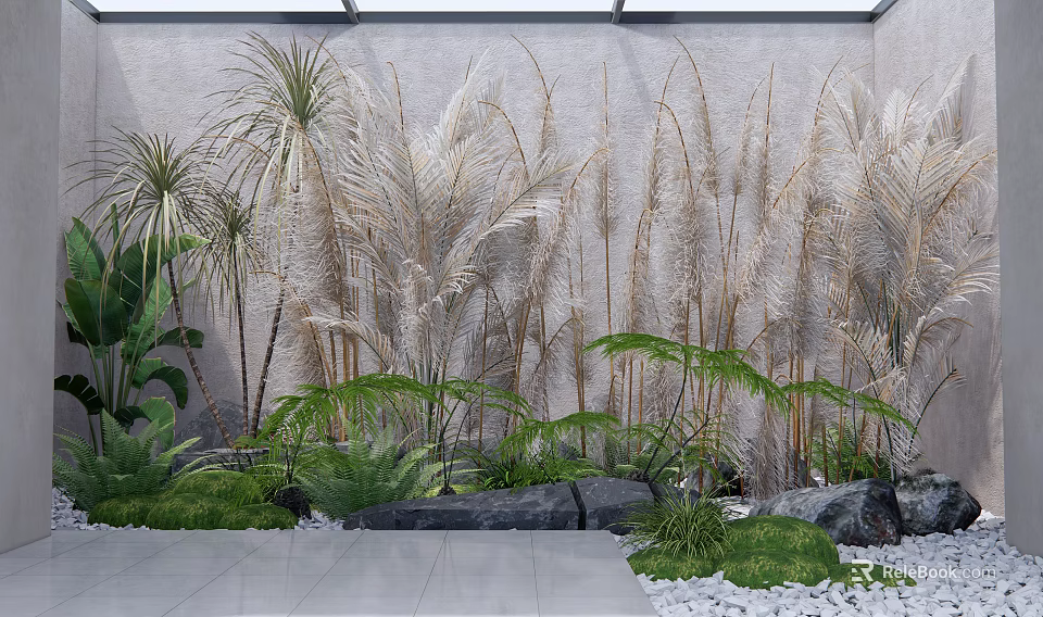Indoor Plant Arrangement With Tall Reed Like Plants Ferns Low Greenery And Stone Elements 3d model 