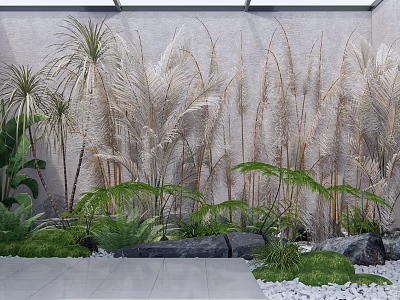 Indoor Plant Arrangement With Tall Reed Like Plants Ferns Low Greenery And Stone Elements 3d model