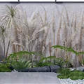 Indoor Plant Arrangement With Tall Reed Like Plants Ferns Low Greenery And Stone Elements