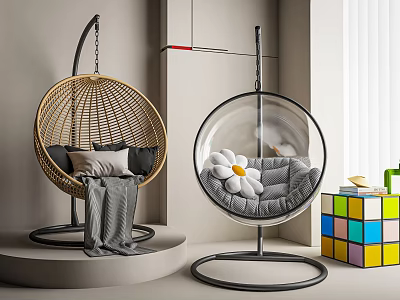 Cozy Rattan And Transparent Spherical Hanging Chairs With Cushions And Decorative Flower In Bright Interior 3d model
