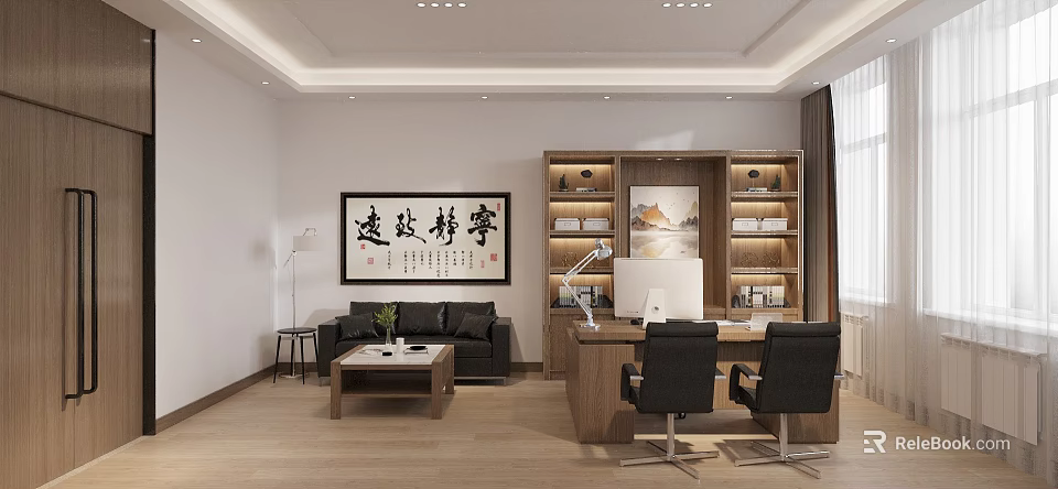 Traditional Chinese Office Interior With Wooden Desk Chairs Bookshelf Sofa And Calligraphy Art 3d model 