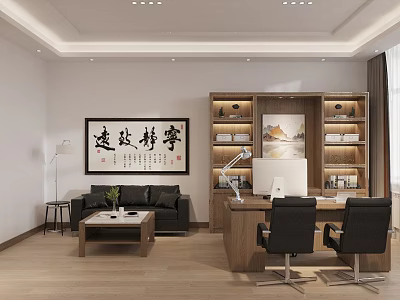 Traditional Chinese Office Interior With Wooden Desk Chairs Bookshelf Sofa And Calligraphy Art 3d model