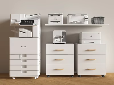 Multifunction Printers on White Drawer Cabinet with Laser Model and Storage Basket 3d model