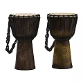 Two Traditional Wooden Musical Drums With Light Colored Heads Carved Patterns And Chain Details