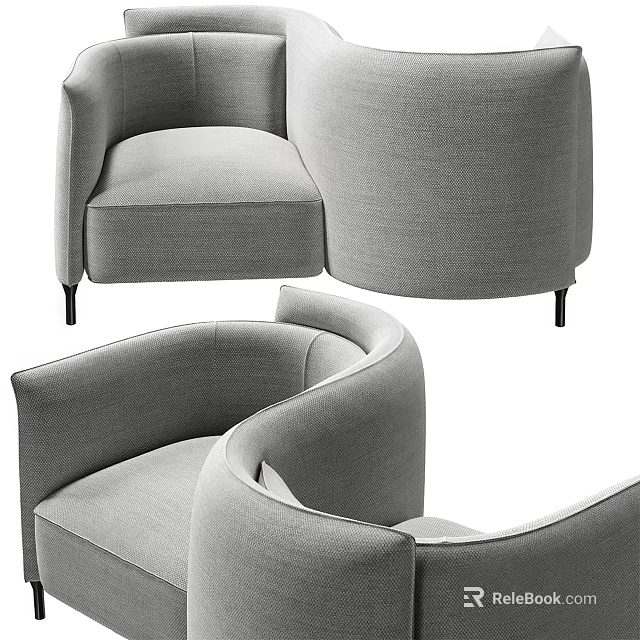 Modern Gray Fabric Two Seater Sofa With Curved Armrests And Black Slim Legs 3d model 