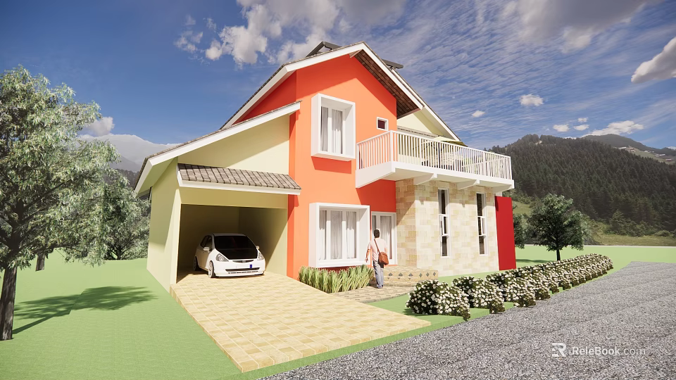 Detached Villa With Orange Yellow Exterior Garage White Car Brick Driveway And Green Lawn 3d model 