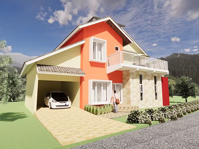 Detached Villa With Orange Yellow Exterior Garage White Car Brick Driveway And Green Lawn 3d model