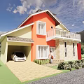 Detached Villa With Orange Yellow Exterior Garage White Car Brick Driveway And Green Lawn