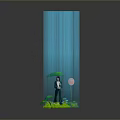 Person Standing Under Green Umbrella With Blue Raindrops On Green Grass