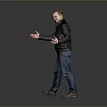 Man In Bun Hairstyle Black Jacket Blue Jeans Brown Shoes Open Hands Gray Background