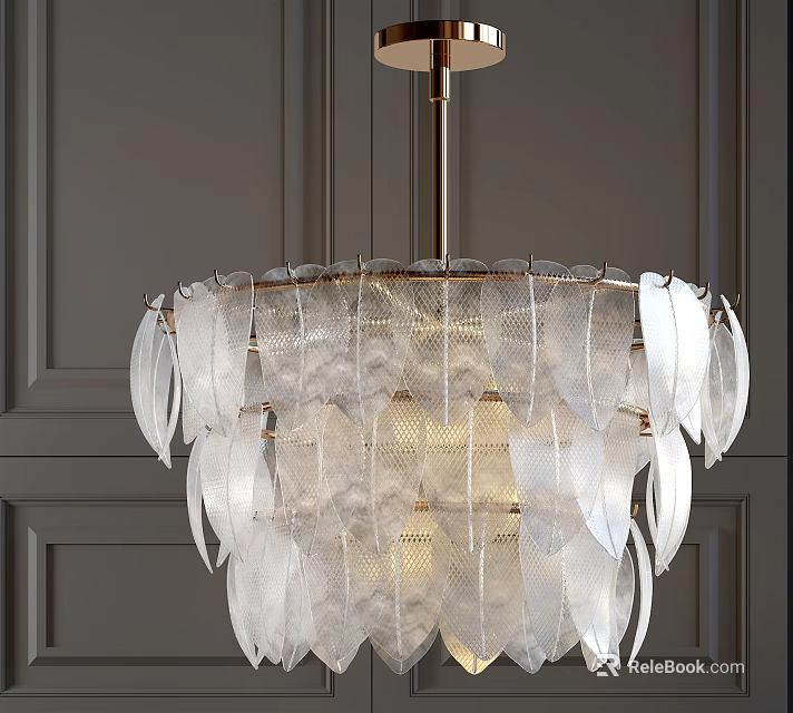 Elegant Crystal Chandelier With Layered Leaf Shaped Transparent Design On Dark Panel Wall 3d model 