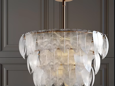 Elegant Crystal Chandelier With Layered Leaf Shaped Transparent Design On Dark Panel Wall 3d model