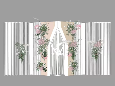 Elegant Floral Installation with Pink White Flowers Striped Backdrop Archway and Symmetrical Design 3d model