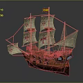 Wooden Sailing Ship Model With Red Cross Sails And Decorative Flag