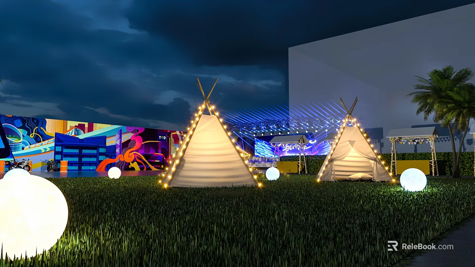 Nighttime Garden Landscape With Illuminated Tepees String Lights Round Lights And Green Grass 3d model