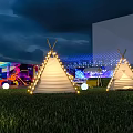 Nighttime Garden Landscape With Illuminated Tepees String Lights Round Lights And Green Grass 3d model