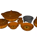 Brown Kitchenware With Yellow Floral Patterns Including Pot Mortar Jug And Bowls