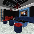 Modern KTV Interior Design With Red Sofas Blue Sofa Chandelier TV Screens And Decorative Paintings