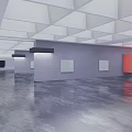 Contemporary Art Gallery Interior With White Ceiling Gray Walls Orange Displays And Paintings
