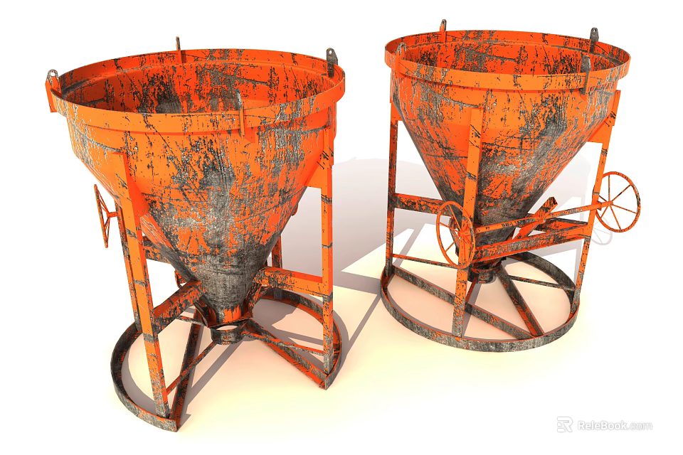 Industrial Rusted Orange Hoppers With Metal Frame And Wheels For Construction 3d model 