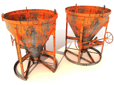 Industrial Rusted Orange Hoppers With Metal Frame And Wheels For Construction 3d model