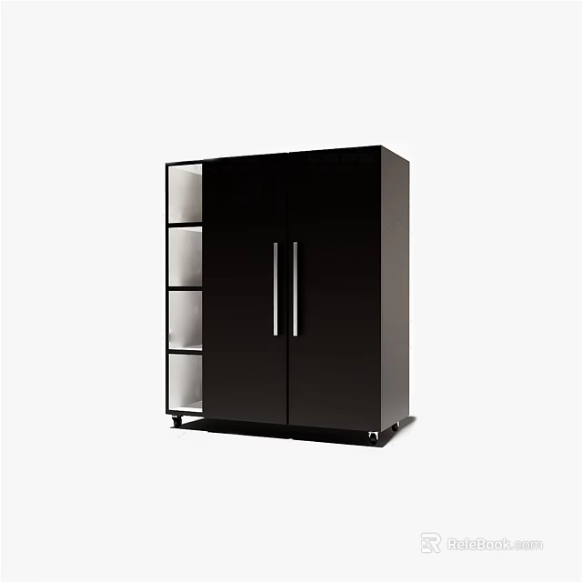 Black Modern Double Door Wardrobe With Open Shelves And Metal Handles 3d model 