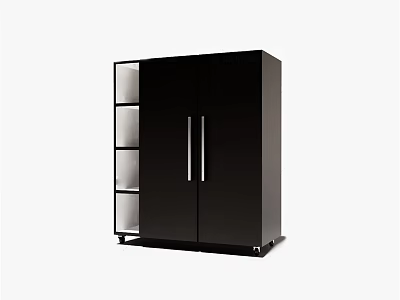 Black Modern Double Door Wardrobe With Open Shelves And Metal Handles 3d model