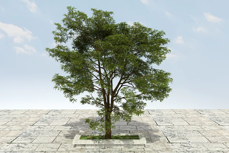 Lush Green Arbor With Thick Trunk On Stone Pavement And Square Flower Bed 3d model 