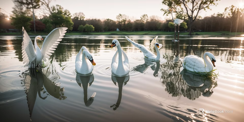 White Swans Swimming On Calm Water With Tree Reflections And Sunset Light 3d model 