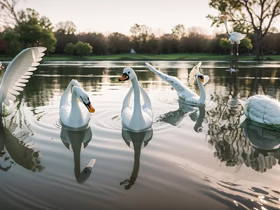 White Swans Swimming On Calm Water With Tree Reflections And Sunset Light 3d model