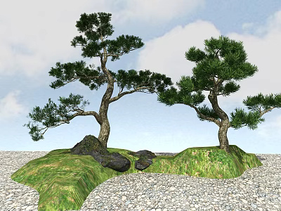 Tall Green Trees on Grassy Mound with Rocks Gravel Ground and Blue Sky 3d model