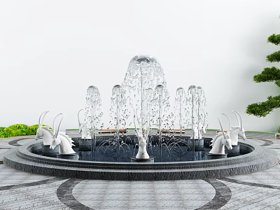 Garden Ornament Featuring Circular Fountain With Multiple Water Jets White Decorative Figures And Green Plants 3d model