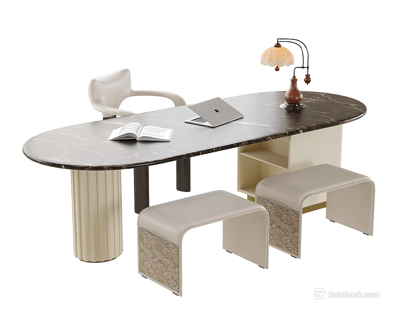 Modern Marble Top Desk With Laptop Open Book Table Lamp White Chair And Beige Stools 3d model 