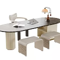 Modern Marble Top Desk With Laptop Open Book Table Lamp White Chair And Beige Stools