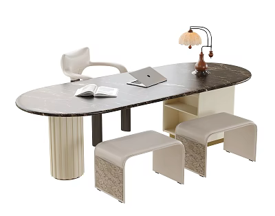 Modern Marble Top Desk With Laptop Open Book Table Lamp White Chair And Beige Stools 3d model