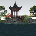 Rockery Stones In Garden With Pond Lotus Leaves Traditional Pagoda And Red Leaf Trees