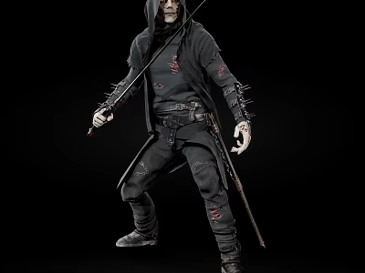 A Man In Black Hooded Outfit With Spiked Details Holding Long Sword Against Dark Background 3d model