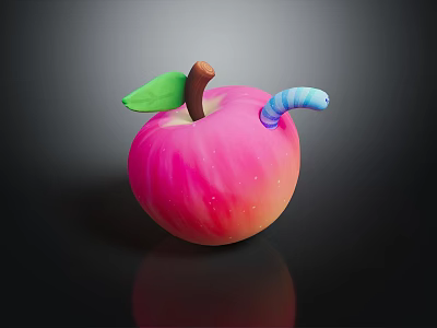 Pink Shiny Apple With Green Leaf Brown Stem And Blue Worm 3d model