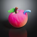 Pink Shiny Apple With Green Leaf Brown Stem And Blue Worm 3d model