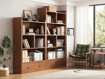 Modern Wooden Bookcase With Shelves Books Decorative Items Photo Frames And Drawers 3d model
